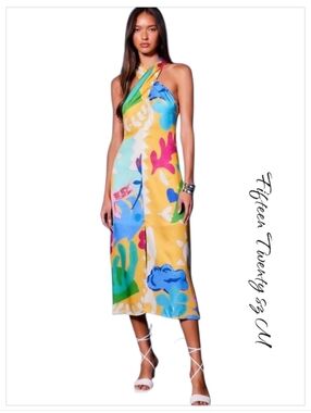 Fifteen Twenty Ivy Floral Halter Midi Dress Yellow Tropical Wedding Guest M